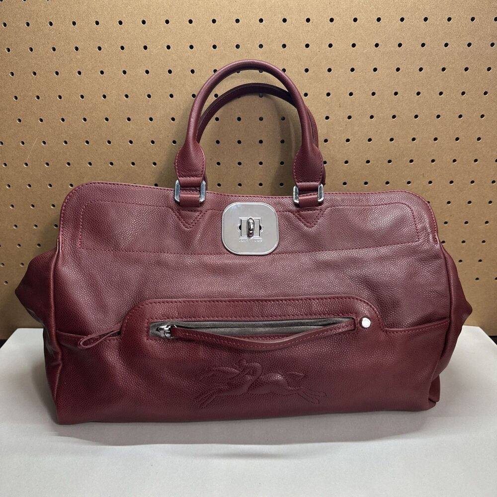 Longchamp Embossed Leather Top Gatsby Handle Bag Burgundy Red France